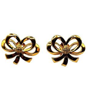 Elizabeth Taylor White Diamonds WD Ribbon Earrings Gold Tone Clip On Signed